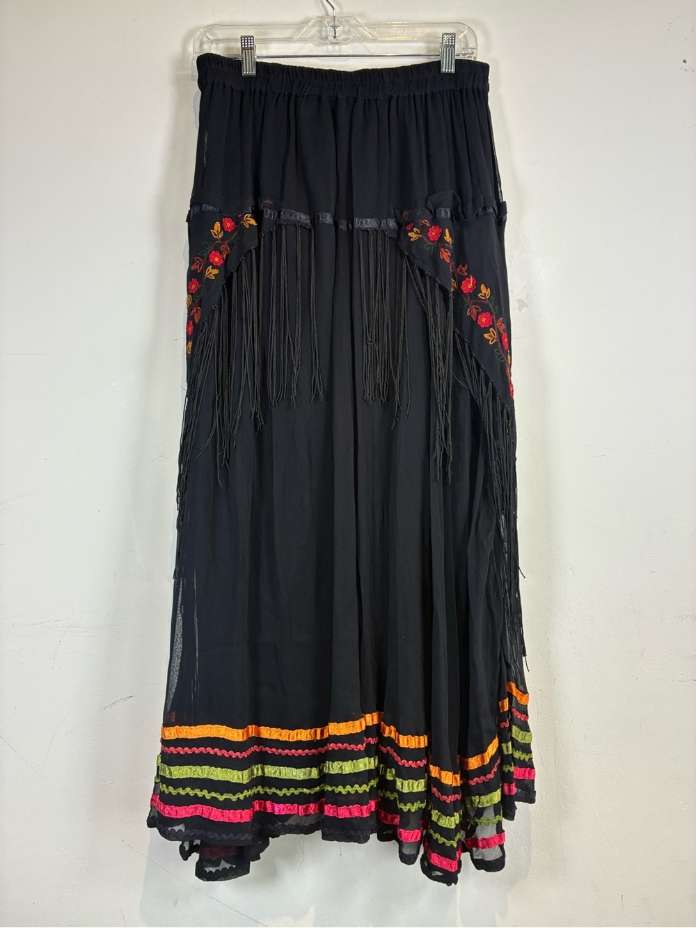 Anu by Natural Embroidered Black Maxi Skirt with Fringe, Size L - Picture 2 of 5